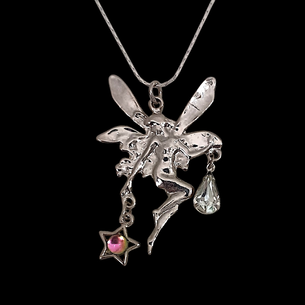 Vtg Fairy Pendant Necklace‎ Silver Tone Crystal Star Charm Fantasy Pixie Nouveau